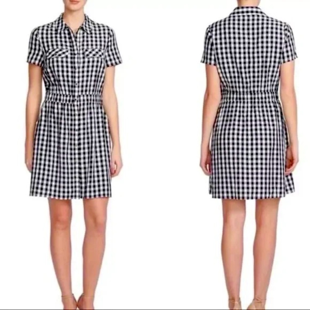 CeCe Black White Gingham Shirt Dress Size 4 Button Front Pockets
